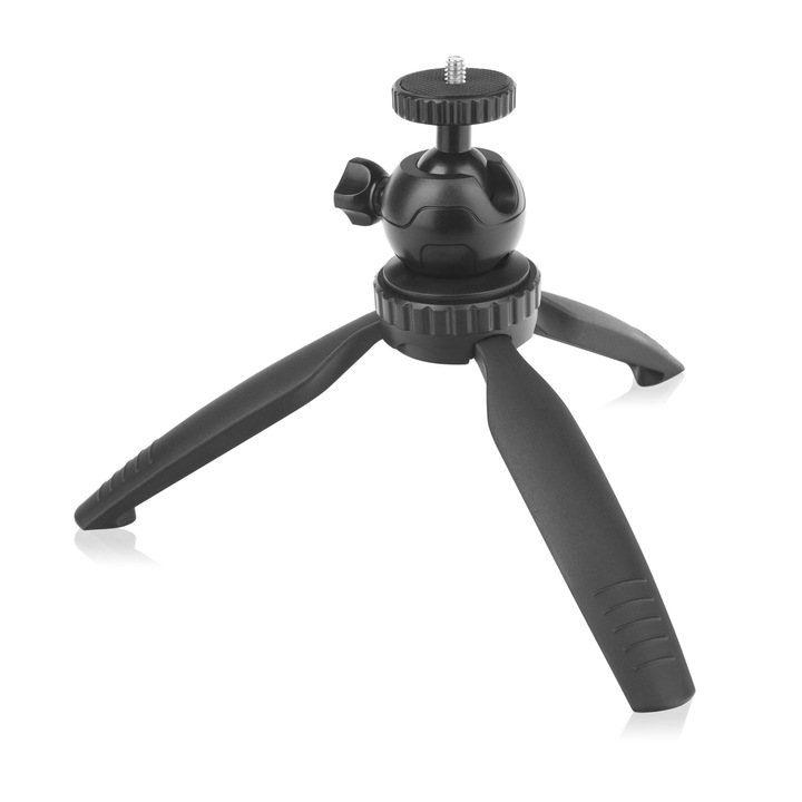 Mini trepied Overmax Tripod Mini, stabil cu deschidere de 19 cm, capacitate incarcare pana la 2 kg, material plastic, compatibil cu proiectoare filet 1/4", reglare unghi inclinare, lungime pliat 20 cm, deschis 17 cm, usor de transportat
