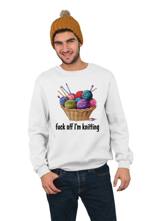 Hanorac pentru barbati fara gluga personalizat, I'm knitting, mix 1, Alb