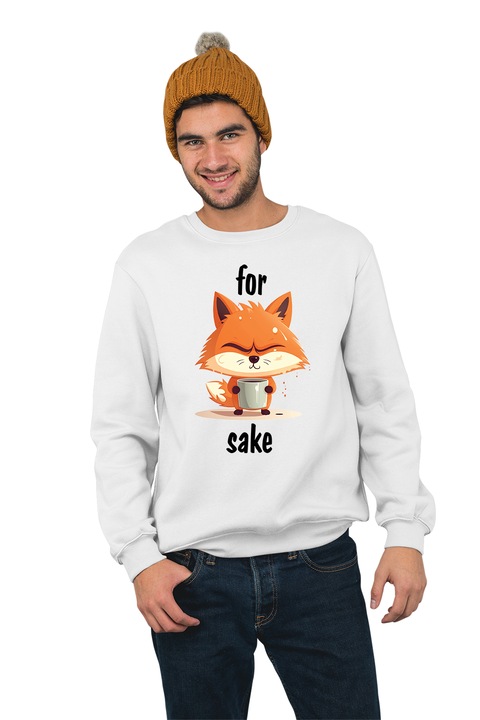 Hanorac pentru barbati fara gluga personalizat, For Fox Sake, mix 1, Alb