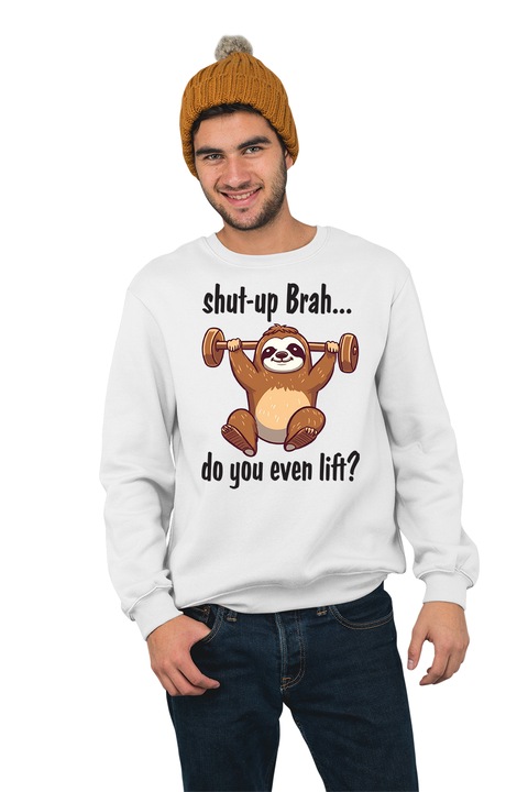 Hanorac pentru barbati fara gluga personalizat, Do You Even lift, mix 1, Alb