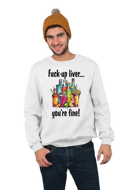 Hanorac pentru barbati fara gluga personalizat, Liver your fine, mix 1, Alb