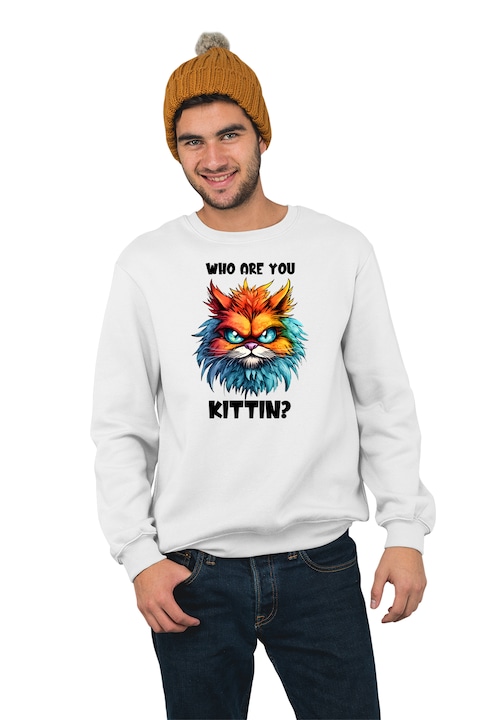 Hanorac pentru barbati fara gluga personalizat, Who are you kittin?, mix 1, Alb