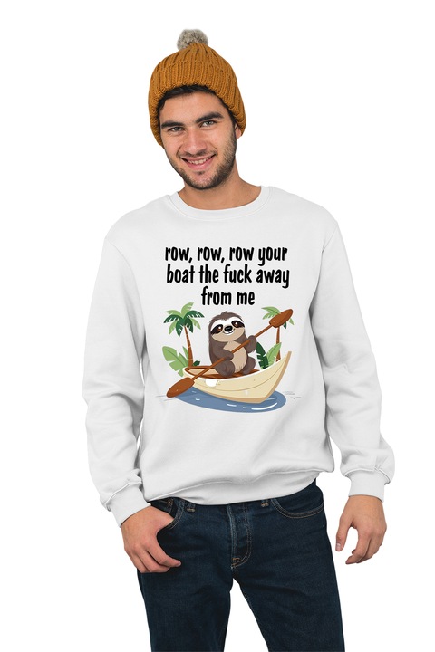 Hanorac pentru barbati fara gluga personalizat, Row row row, mix 1, Alb