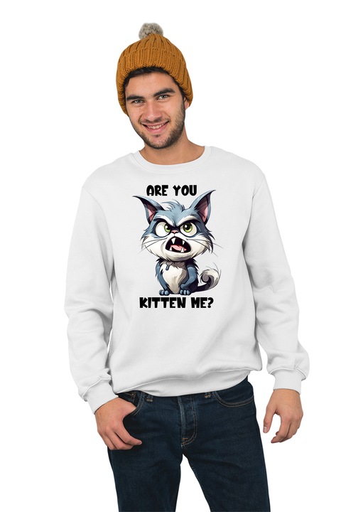 Hanorac pentru barbati fara gluga personalizat, Are you kitten me, mix 1, Alb