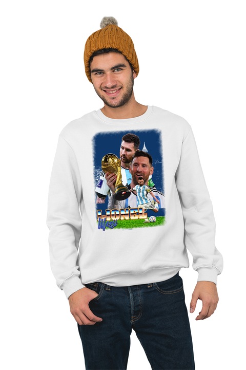 Hanorac pentru barbati fara gluga personalizat, Football player - Lionel Messi model 1, mix 1, Alb