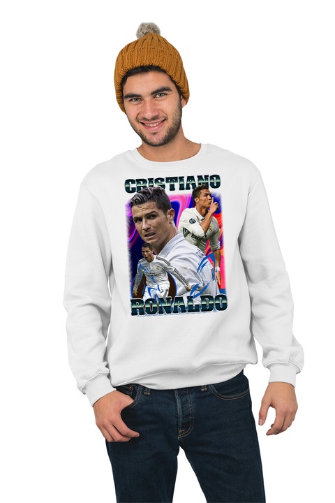 Hanorac pentru barbati fara gluga personalizat, Football player - Cristiano Ronaldo model 2, mix 1, Alb