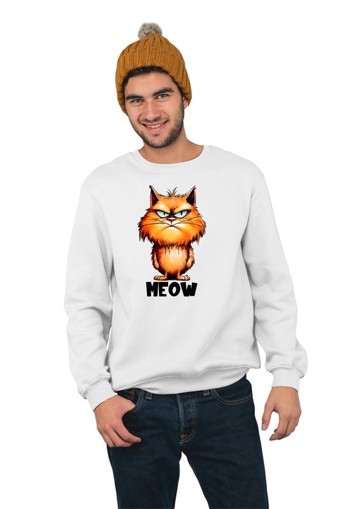 Hanorac pentru barbati fara gluga personalizat, Meoww, mix 1, Alb
