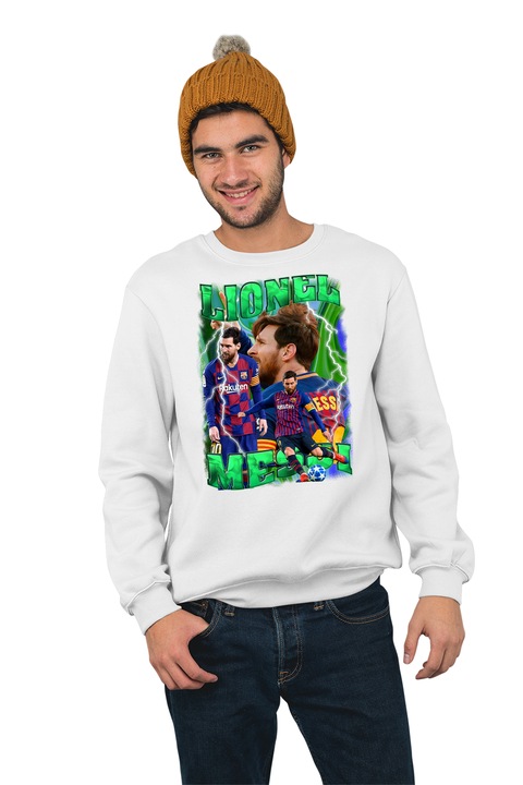 Hanorac pentru barbati fara gluga personalizat, Football player - Lionel Messi, mix 1, Alb