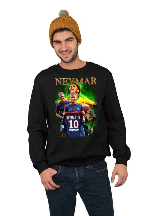 Hanorac pentru barbati fara gluga personalizat, Football player - Neymar Jr, Bumbac, Negru, L