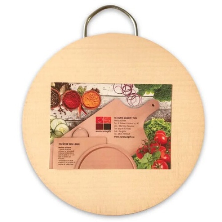 Tocator din lemn rotund cu maner de metal, 22 cm, ES 7414