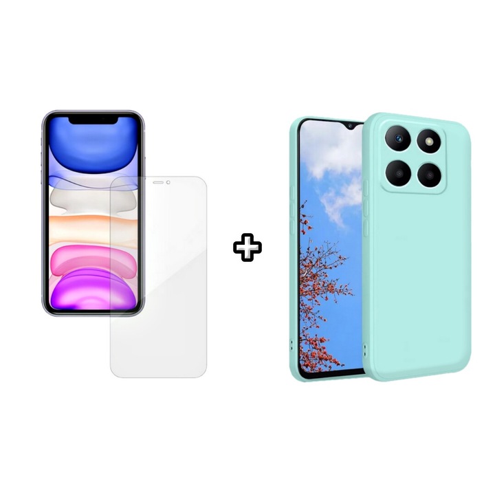 Set Husa Silicon plus Folie din silicon Case Friendly compatibila cu Honor X6a, menta, HQM Protection