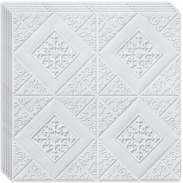 Set 10 x Tapet 3D autoadeziv HOZRO, Model abstract, pentru pereti si tavan, acopera o suprafata de 4.9 mp, design modern, foarte usor de montat, Alb Romb