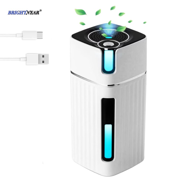 Мини ултразвуков овлажнител за въздух BrightNear®, два режима на работа, ароматерапевтичен дифузер, 7 LED светлини, нощни светлини, скорост на овлажняване 30-50 ml на час, преносим, USB, резервоар от 300 ml, бял