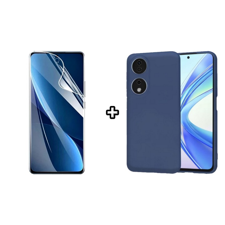 Set Husa Silicon plus Folie din sticla Transparenta compatibila cu Honor X7b, albastra, HQM Protection