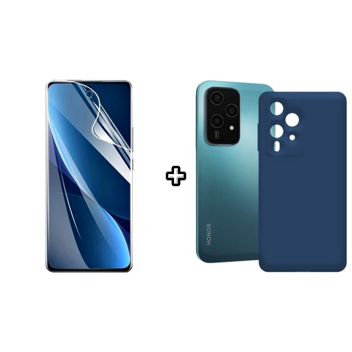 Set Husa Silicon plus Folie din sticla Transparenta compatibila cu Honor 200 Lite, albastra, HQM Protection