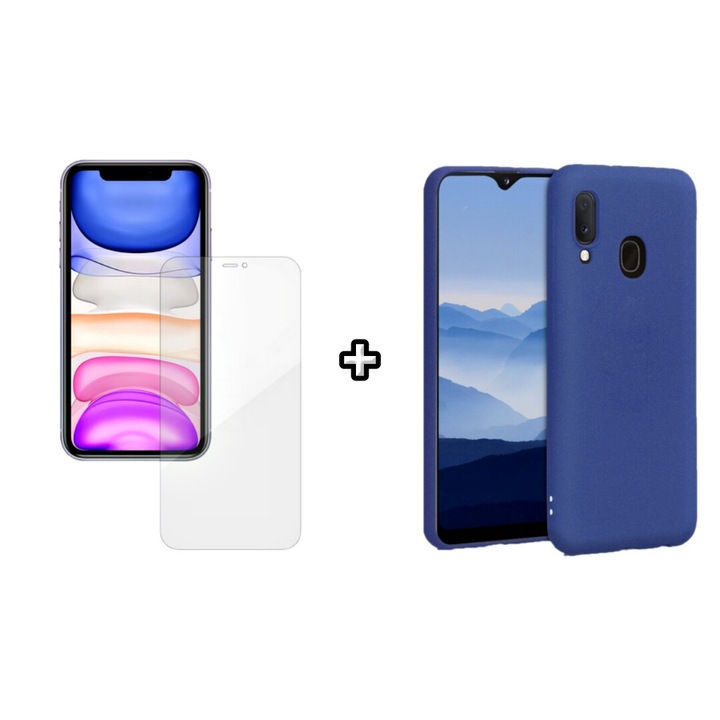 Set Husa Silicon plus Folie din silicon Case Friendly compatibila cu Samsung Galaxy A40, albastra, HQM Protection