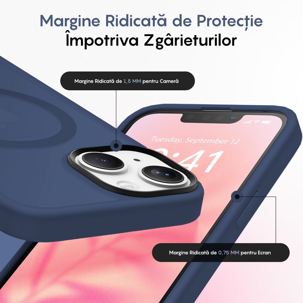 Husa compatibila cu Incarcare Magsafe pentru Apple iPhone 14 Plus, CASEY STUDIOS™, de Protectie, Slim, pentru Incarcare Wireless, Margini Ridicate pentru Protectia Ecranului si a Camerelor, Albastru Inchis