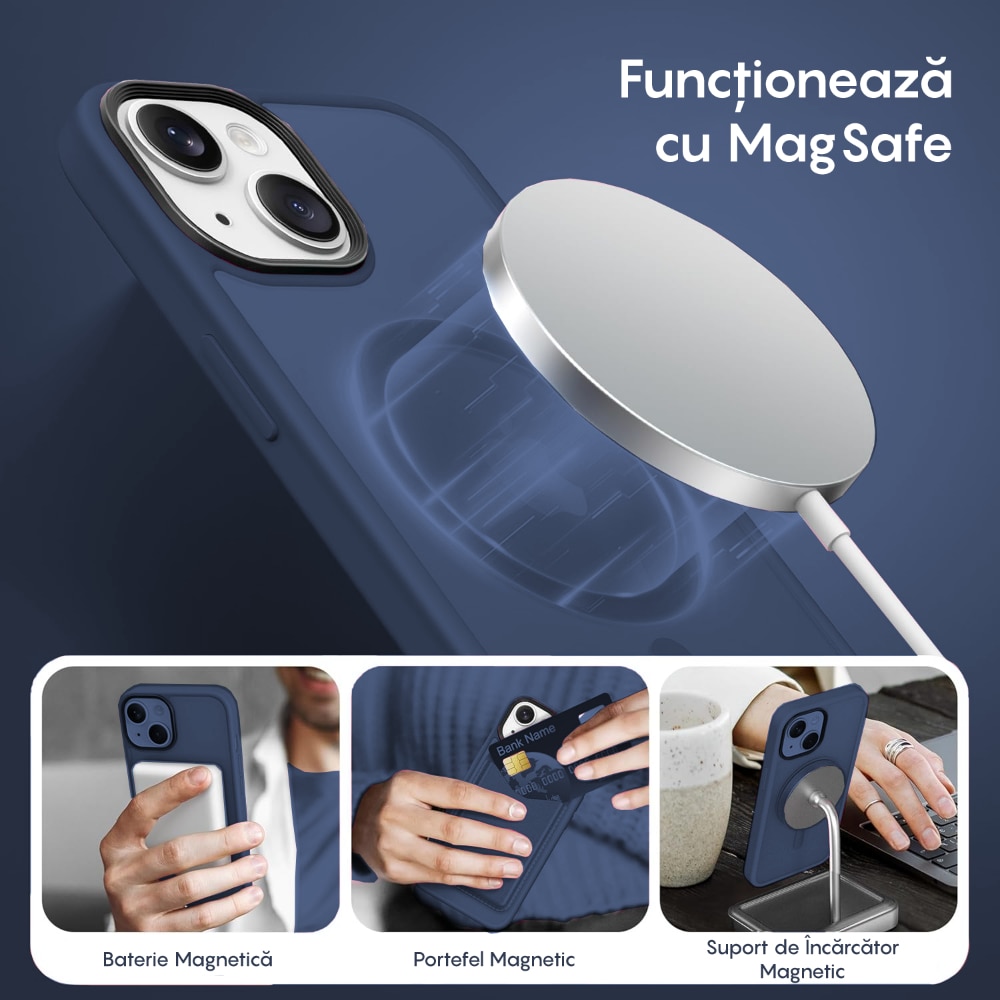 Husa compatibila cu Incarcare Magsafe pentru Apple iPhone 14 Plus, CASEY STUDIOS™, de Protectie, Slim, pentru Incarcare Wireless, Margini Ridicate pentru Protectia Ecranului si a Camerelor, Albastru Inchis
