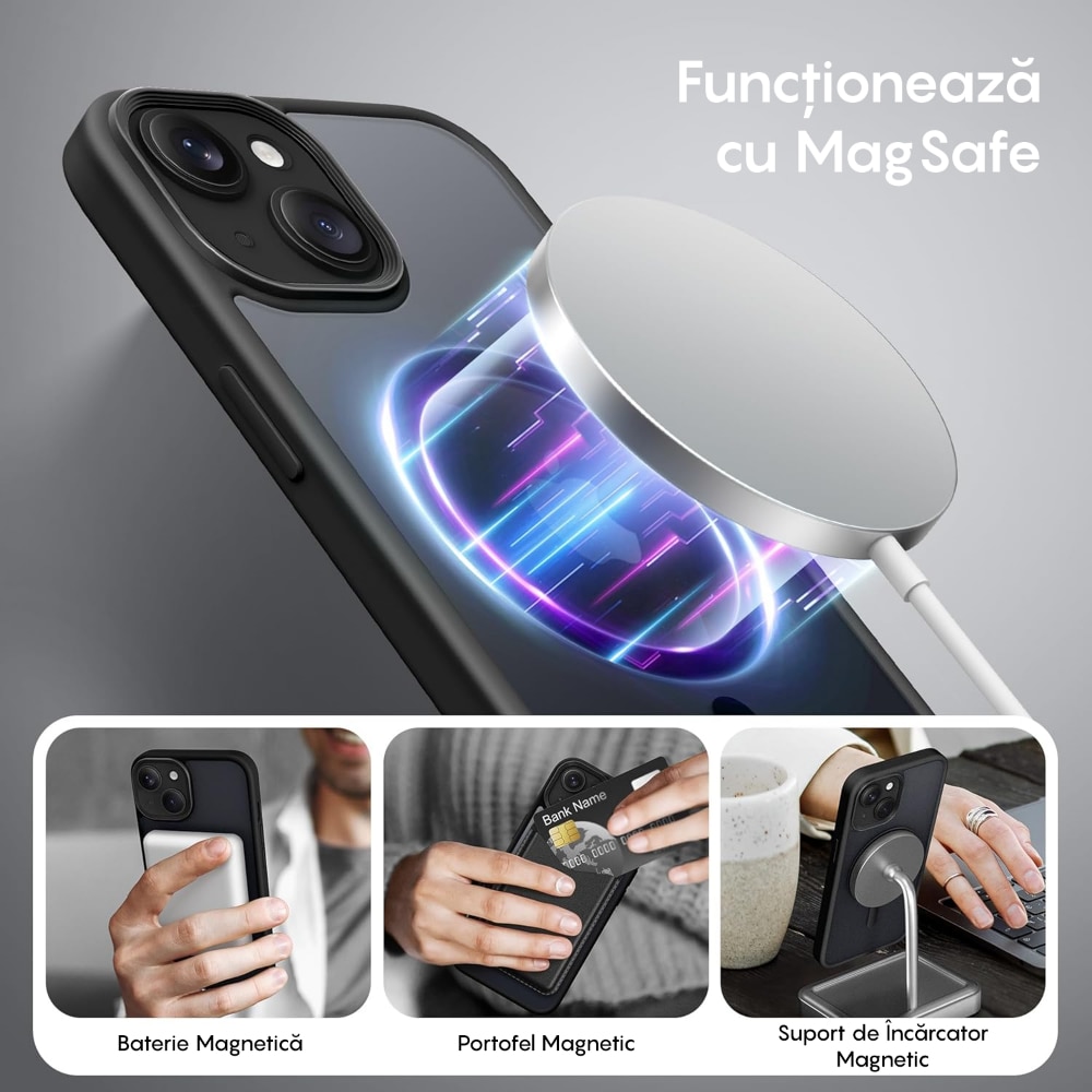 Husa compatibila cu Incarcare Magsafe pentru Apple iPhone 15 Plus, CASEY STUDIOS™, de Protectie, Slim, pentru Incarcare Wireless, Margini Ridicate pentru Protectia Ecranului si a Camerelor, Negru