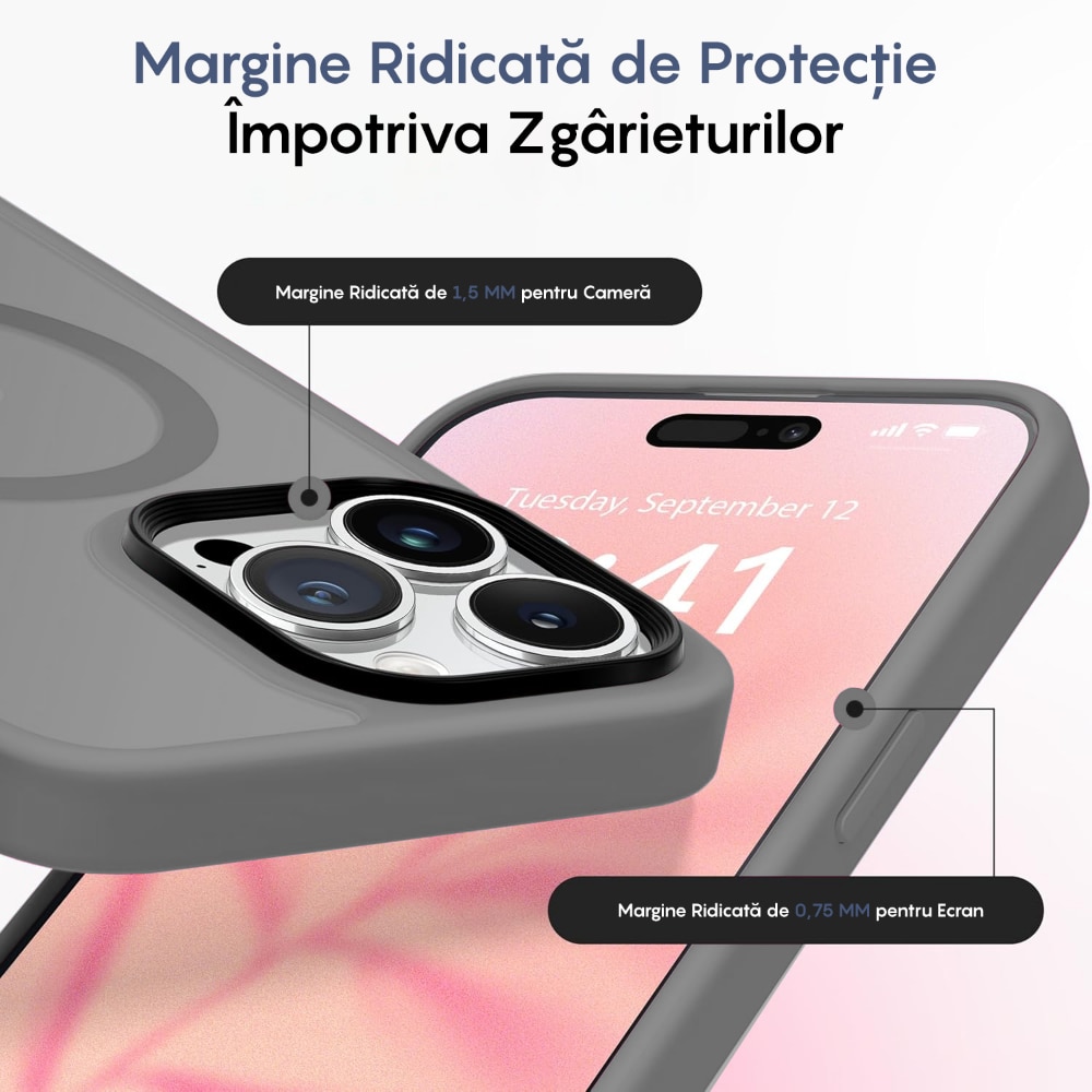 Husa compatibila cu Incarcare Magsafe pentru Apple iPhone 14 Pro, CASEY STUDIOS™, de Protectie, Slim, pentru Incarcare Wireless, Margini Ridicate pentru Protectia Ecranului si a Camerelor, Gri deschis
