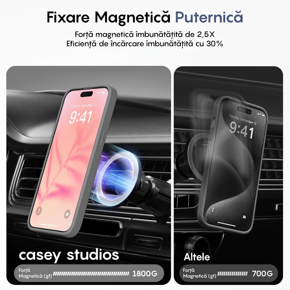 Husa compatibila cu Incarcare Magsafe pentru Apple iPhone 14 Pro, CASEY STUDIOS™, de Protectie, Slim, pentru Incarcare Wireless, Margini Ridicate pentru Protectia Ecranului si a Camerelor, Gri deschis