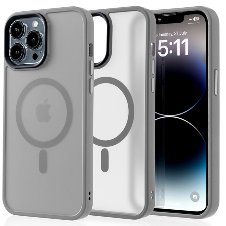 Husa compatibila cu Incarcare Magsafe pentru Apple iPhone 14 Pro Max, CASEY STUDIOS™, de Protectie, Slim, pentru Incarcare Wireless, Margini Ridicate pentru Protectia Ecranului si a Camerelor, Gri deschis