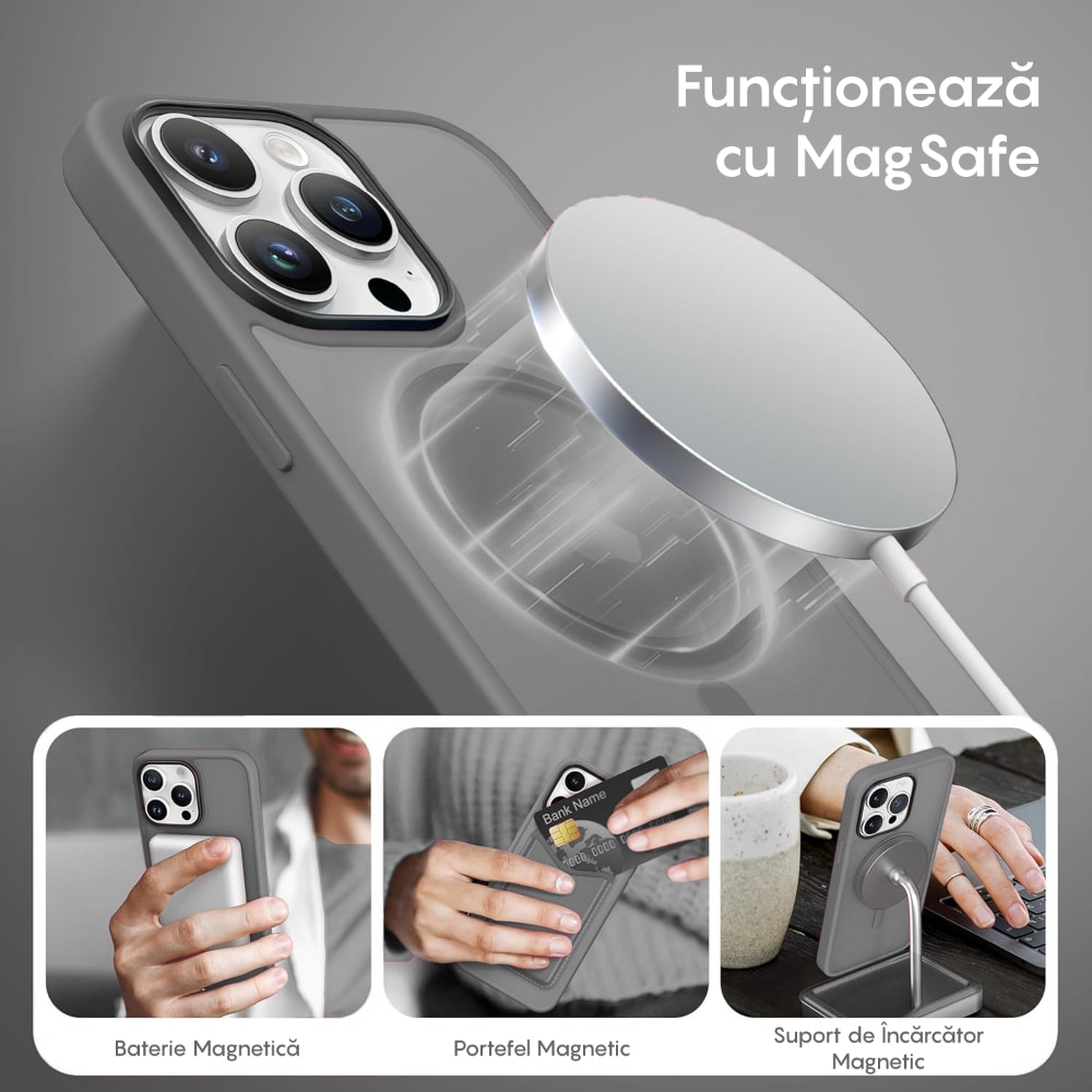 Husa compatibila cu Incarcare Magsafe pentru Apple iPhone 14 Pro, CASEY STUDIOS™, de Protectie, Slim, pentru Incarcare Wireless, Margini Ridicate pentru Protectia Ecranului si a Camerelor, Gri deschis