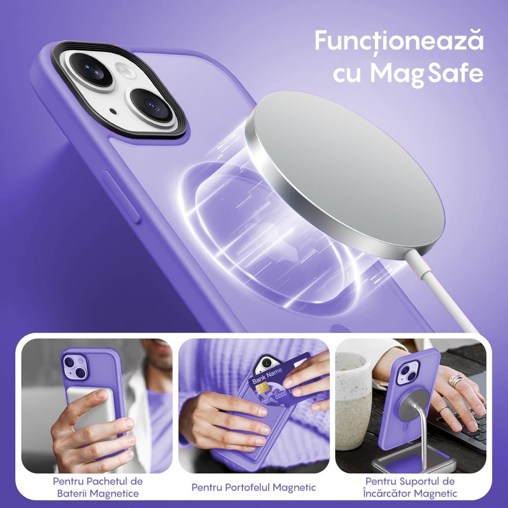 Husa compatibila cu Incarcare Magsafe pentru Apple iPhone 14 Plus, CASEY STUDIOS™, de Protectie, Slim, pentru Incarcare Wireless, Margini Ridicate pentru Protectia Ecranului si a Camerelor, Mov Deschis