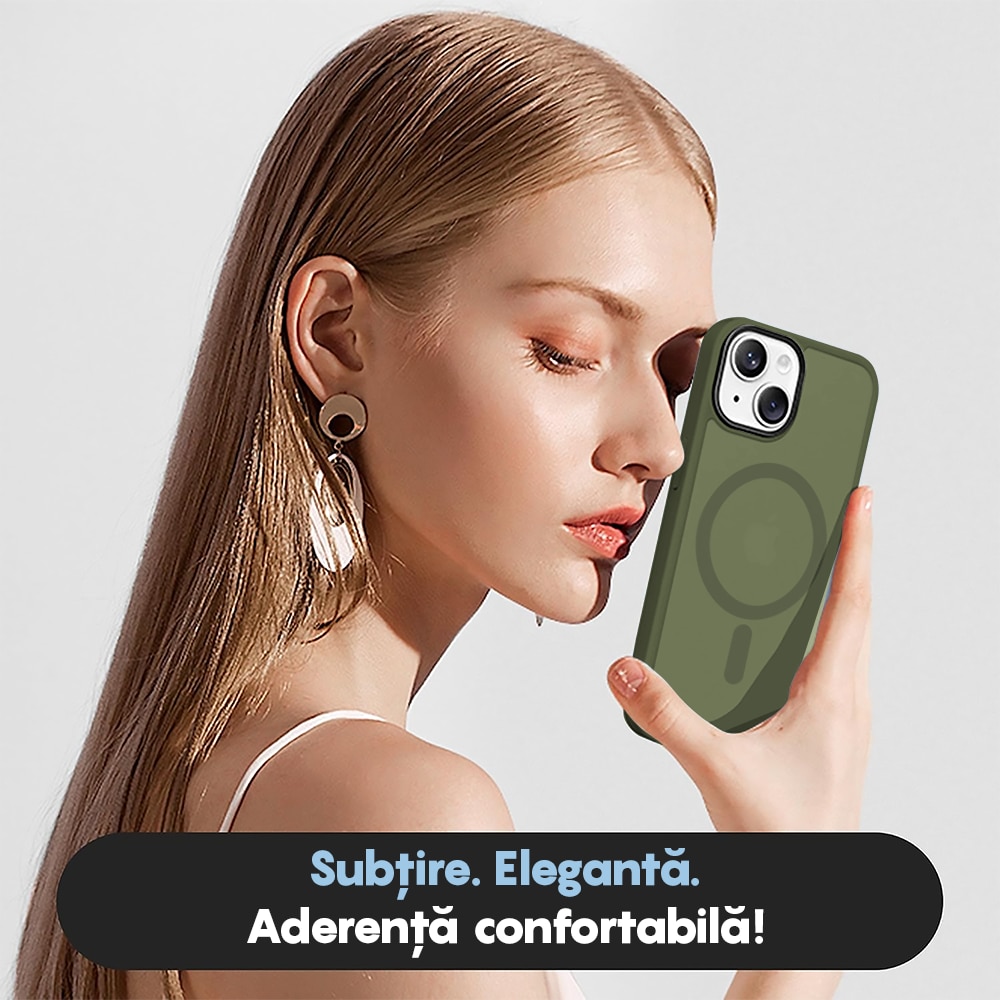 Husa compatibila cu Incarcare Magsafe compatibila cu iPhone 15, CASEY STUDIOS™, de Protectie, Slim, pentru Incarcare Wireless, Margini Ridicate de Protectia Ecranului si a Camerelor, Verde
