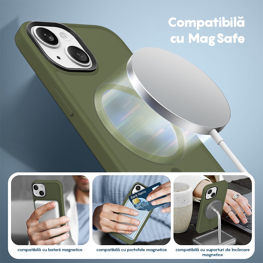 Husa compatibila cu Incarcare Magsafe compatibila cu iPhone 15, CASEY STUDIOS™, de Protectie, Slim, pentru Incarcare Wireless, Margini Ridicate de Protectia Ecranului si a Camerelor, Verde