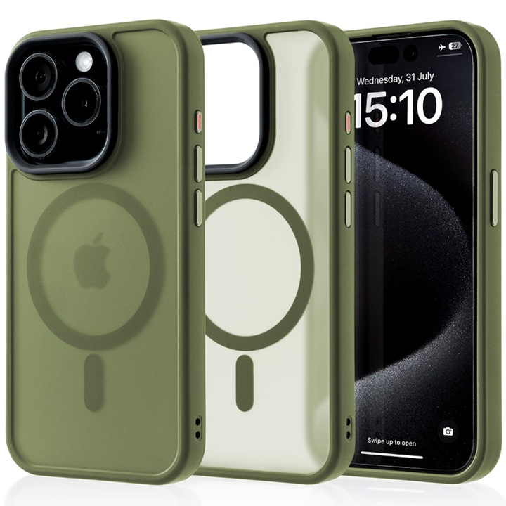 Husa compatibila cu Incarcare Magsafe compatibila cu iPhone 15, CASEY STUDIOS™, de Protectie, Slim, pentru Incarcare Wireless, Margini Ridicate de Protectia Ecranului si a Camerelor, Verde
