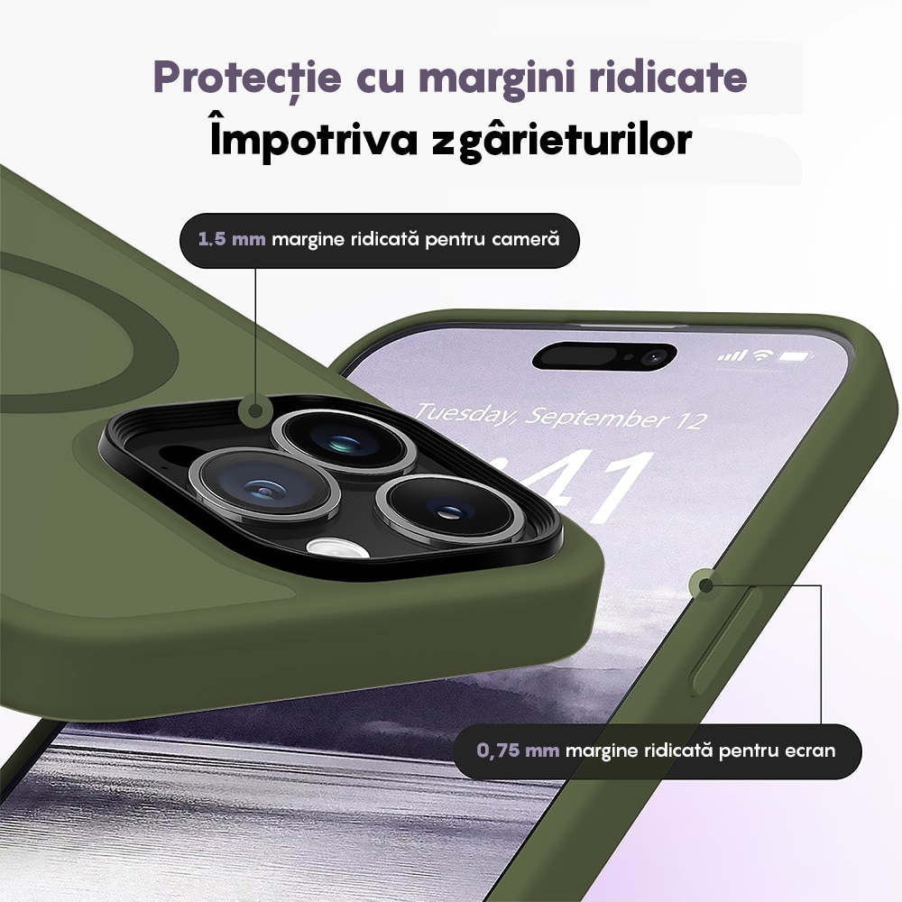 Husa compatibila cu Incarcare Magsafe compatibila cu iPhone 15, CASEY STUDIOS™, de Protectie, Slim, pentru Incarcare Wireless, Margini Ridicate de Protectia Ecranului si a Camerelor, Verde