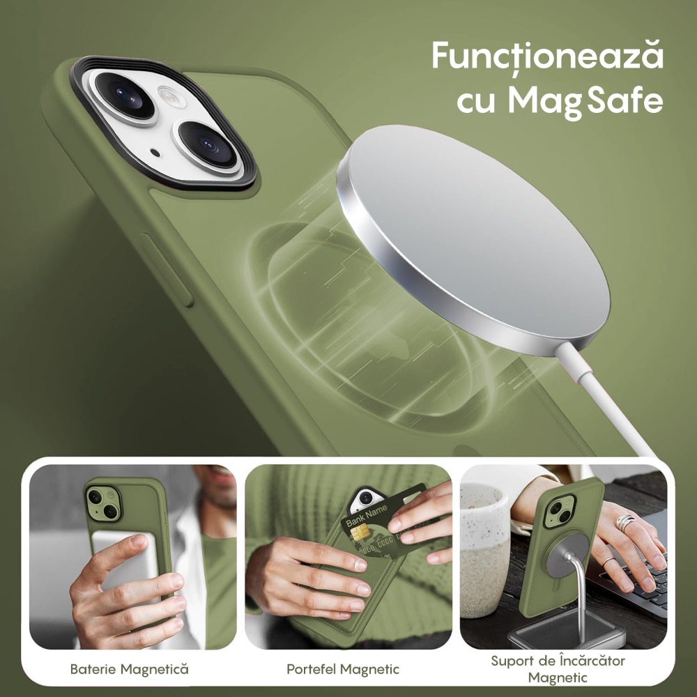 Husa compatibila cu Incarcare Magsafe pentru Apple iPhone 13, CASEY STUDIOS™, de Protectie, Slim, pentru Incarcare Wireless, Margini Ridicate pentru Protectia Ecranului si a Camerelor, Verde