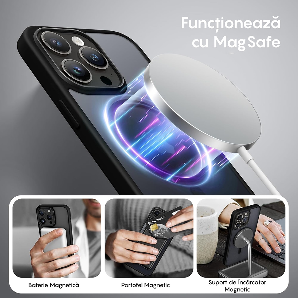 Husa compatibila cu Incarcare Magsafe pentru Apple iPhone 15 Pro, CASEY STUDIOS™, de Protectie, Slim, pentru Incarcare Wireless, Margini Ridicate pentru Protectia Ecranului si a Camerelor, Negru