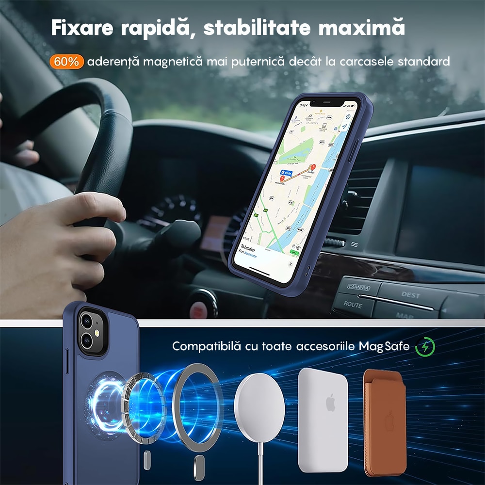 Husa compatibila cu Incarcare Magsafe compatibila cu iPhone 11, CASEY STUDIOS™, de Protectie, Slim, pentru Incarcare Wireless, Margini Ridicate de Protectia Ecranului si a Camerelor, Albastru Inchis