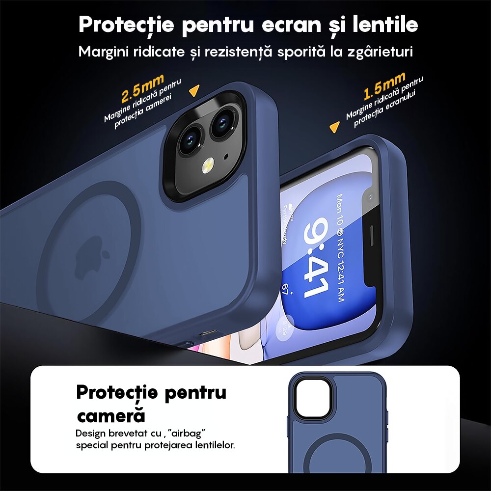 Husa compatibila cu Incarcare Magsafe compatibila cu iPhone 11, CASEY STUDIOS™, de Protectie, Slim, pentru Incarcare Wireless, Margini Ridicate de Protectia Ecranului si a Camerelor, Albastru Inchis