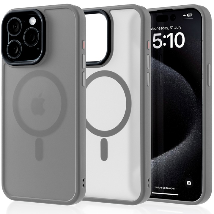 Калъф, съвместим със зареждане MagSafe за Apple iPhone 15 Pro Max, CASEY STUDIOS™, Защитен, Тънък, за безжично зареждане, Повдигнати рамки за защита на екрана и камерата, Светлосив