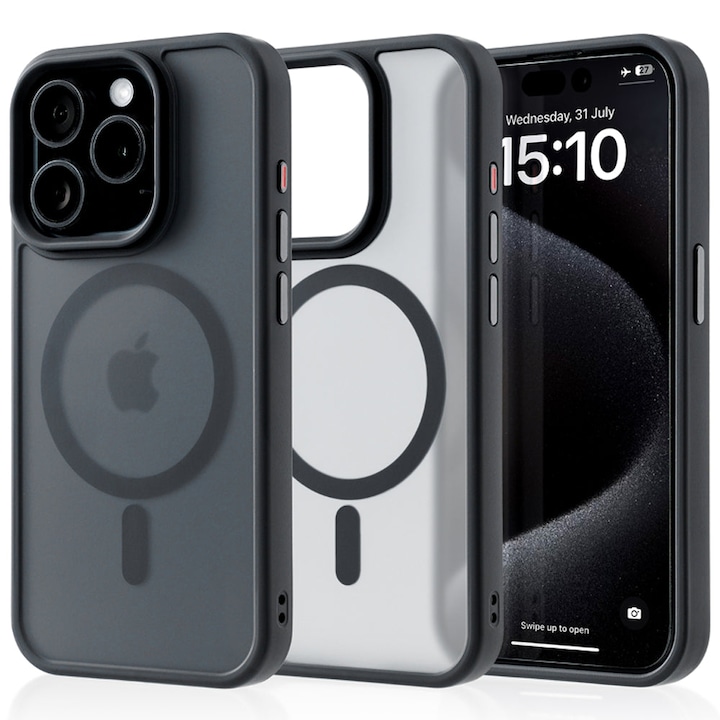 Husa compatibila cu Incarcare Magsafe compatibila cu iPhone 15 Pro, CASEY STUDIOS™, de Protectie, Slim, pentru Incarcare Wireless, Margini Ridicate de Protectia Ecranului si a Camerelor, Negru