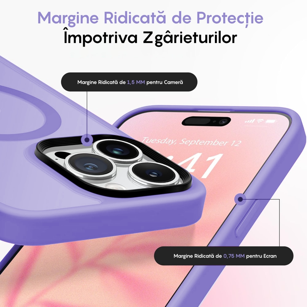 Husa compatibila cu Incarcare Magsafe pentru Apple iPhone 13 Pro Max, CASEY STUDIOS™, de Protectie, Slim, pentru Incarcare Wireless, Margini Ridicate pentru Protectia Ecranului si a Camerelor, Mov Deschis