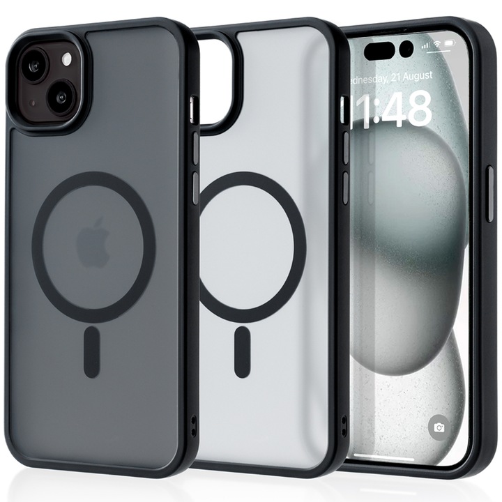 Калъф, съвместим с Apple 15 Plus, CASEY STUDIOS™, защитен, тънък, за безжично зареждане, повдигнати ръбове за защита на екрана и камерата, черен