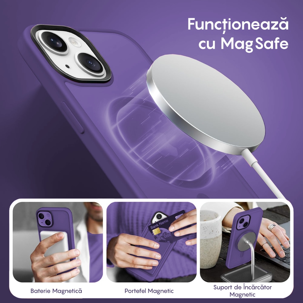 Husa compatibila cu Incarcare Magsafe pentru Apple iPhone 15 Plus, CASEY STUDIOS™, de Protectie, Slim, pentru Incarcare Wireless, Margini Ridicate pentru Protectia Ecranului si a Camerelor, Mov Inchis
