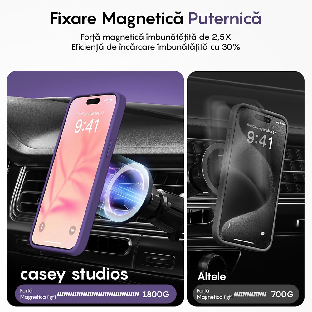 Husa compatibila cu Incarcare Magsafe pentru Apple iPhone 15 Pro Max, CASEY STUDIOS™, de Protectie, Slim, pentru Incarcare Wireless, Margini Ridicate pentru Protectia Ecranului si a Camerelor, Mov Inchis