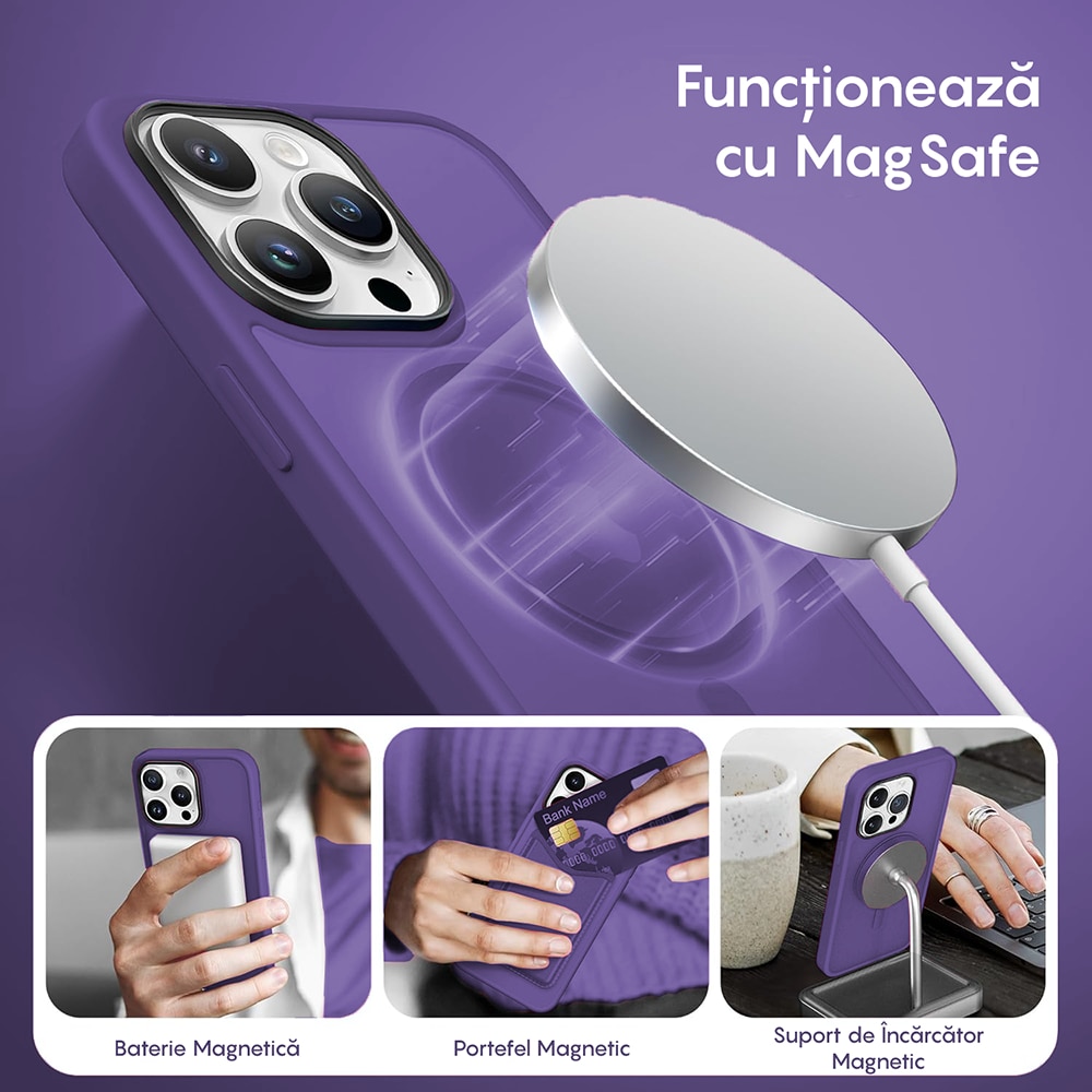 Husa compatibila cu Incarcare Magsafe pentru Apple iPhone 15 Pro Max, CASEY STUDIOS™, de Protectie, Slim, pentru Incarcare Wireless, Margini Ridicate pentru Protectia Ecranului si a Camerelor, Mov Inchis