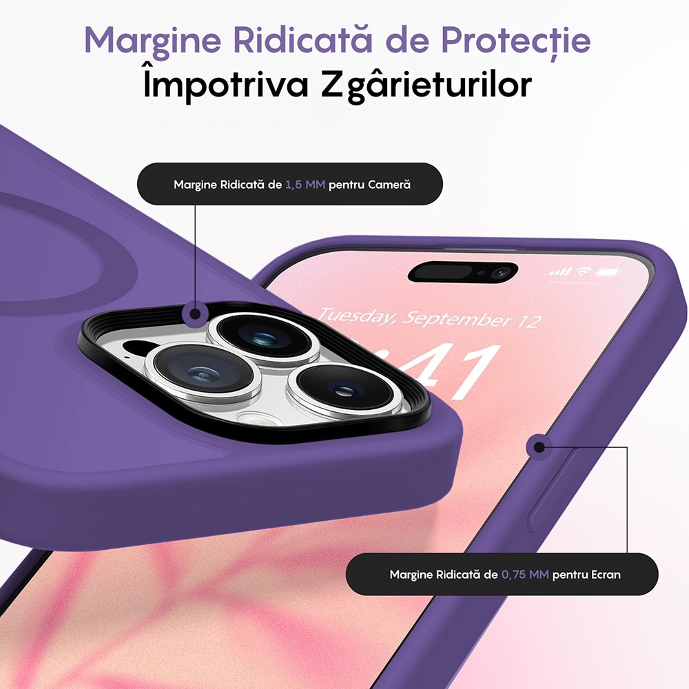 Husa compatibila cu Incarcare Magsafe pentru Apple iPhone 15 Pro Max, CASEY STUDIOS™, de Protectie, Slim, pentru Incarcare Wireless, Margini Ridicate pentru Protectia Ecranului si a Camerelor, Mov Inchis