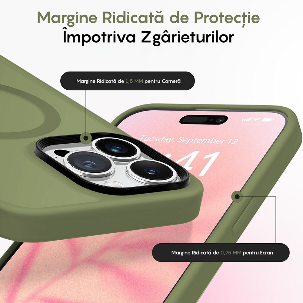 Husa compatibila cu Incarcare Magsafe pentru Apple iPhone 15 Pro, CASEY STUDIOS™, de Protectie, Slim, pentru Incarcare Wireless, Margini Ridicate pentru Protectia Ecranului si a Camerelor, Verde