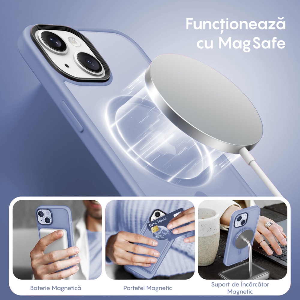 Husa compatibila cu Incarcare Magsafe pentru Apple iPhone 14 Plus, CASEY STUDIOS™, de Protectie, Slim, pentru Incarcare Wireless, Margini Ridicate pentru Protectia Ecranului si a Camerelor, Albastru Deschis