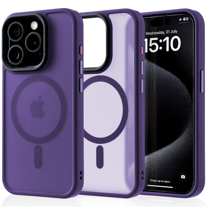 Husa compatibila cu Incarcare Magsafe compatibila cu iPhone 15, CASEY STUDIOS™, de Protectie, Slim, pentru Incarcare Wireless, Margini Ridicate de Protectia Ecranului si a Camerelor, Mov Inchis