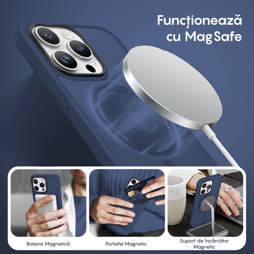 Husa compatibila cu Incarcare Magsafe pentru Apple iPhone 12 Pro Max, CASEY STUDIOS™, de Protectie, Slim, pentru Incarcare Wireless, Margini Ridicate pentru Protectia Ecranului si a Camerelor, Albastru Inchis