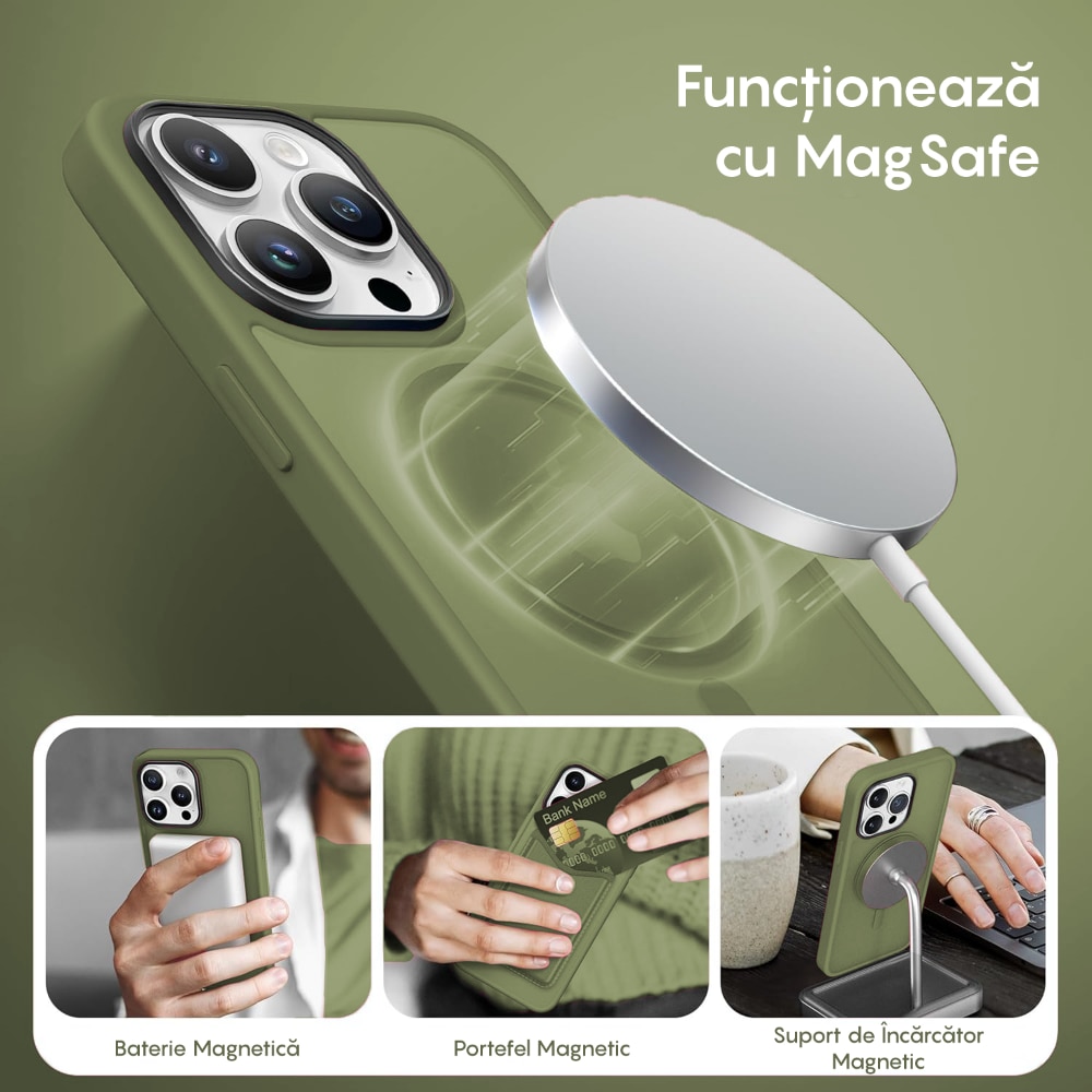 Husa compatibila cu Incarcare Magsafe pentru Apple iPhone 12/12 Pro, CASEY STUDIOS™, de Protectie, Slim, pentru Incarcare Wireless, Margini Ridicate pentru Protectia Ecranului si a Camerelor, Verde