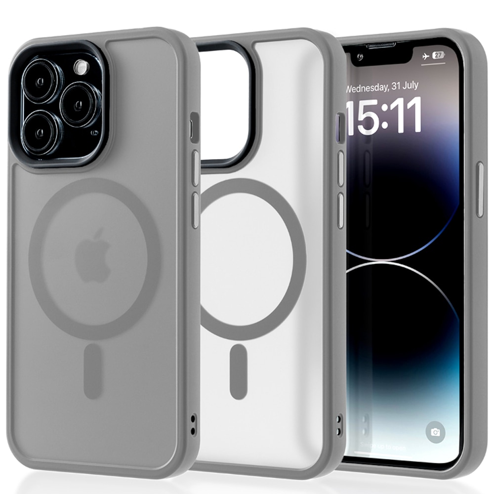 Husa compatibila cu Incarcare Magsafe pentru Apple iPhone 14 Pro, CASEY STUDIOS™, de Protectie, Slim, pentru Incarcare Wireless, Margini Ridicate pentru Protectia Ecranului si a Camerelor, Gri deschis